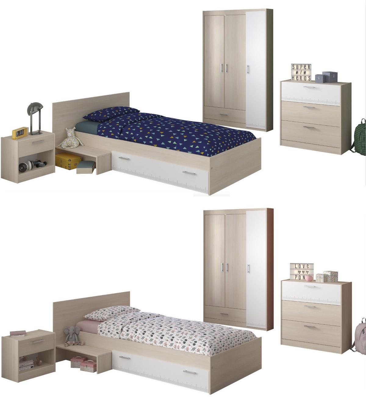 JUGENDZIMMER Set 4-tlg Kleiderschrank Kommode Bett 90 x 200 cm - Silberfarben/Weiß, Holz/Holzwerkstoff (90/179/200cm) - Parisot Meuble