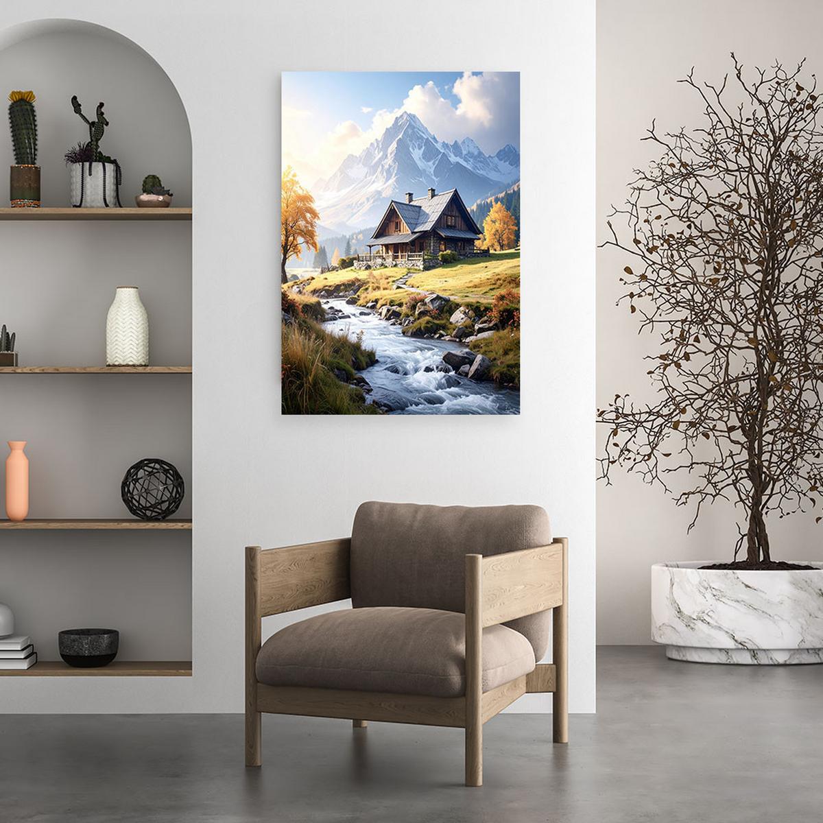 BILD auf Leinwand, Berglandschaft Bach Häuschen Natur - Multicolor, Textil (20/30cm) - Feeby