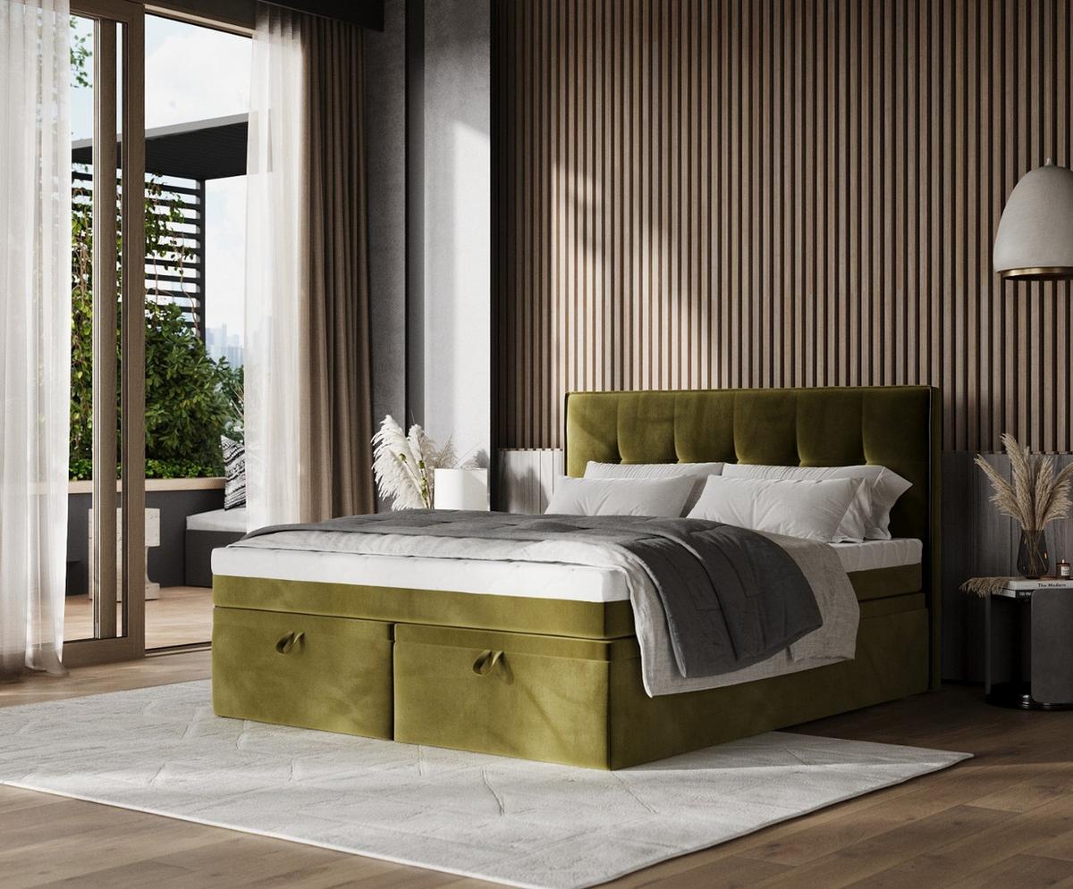 BOXBETT Arivo 140/200 cm Olivgrün im Kronos Stoff - Schwarz/Olivgrün, Holz/Holzwerkstoff (140/200cm) - AltaBeds