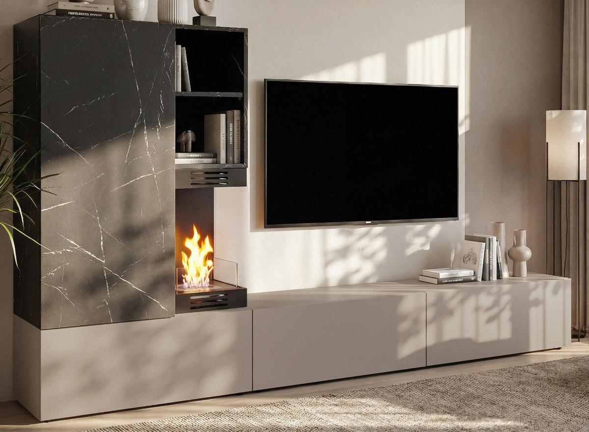 WOHNWAND Marmor schwarz, Lehm-Grau 270 cm, Schrankwand mit Ethanol Kamin, Push-to-Open - Schwarz/Grau, Holzwerkstoff (270/158/38cm) - Inn.Furn
