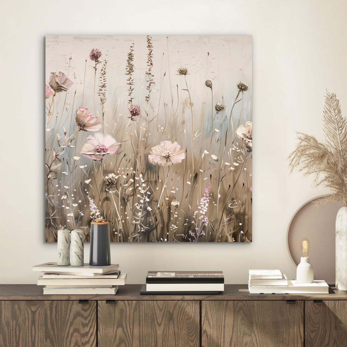 METALLBILD Blumen - Rosa - Modern - Beige 50x50 cm - Beige, Metall (50/50cm) - MuchoWow