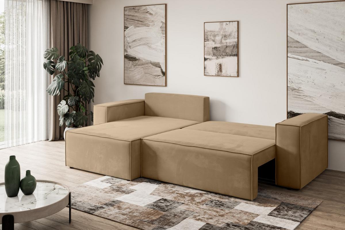 ECKSOFA mit Schlaffunktion und Bettkasten CELTIC-XL - 277x143x83 cm Beige Velours - Hellbraun/Beige, Holzwerkstoff/Kunststoff (277/143cm) - ALTDECOR