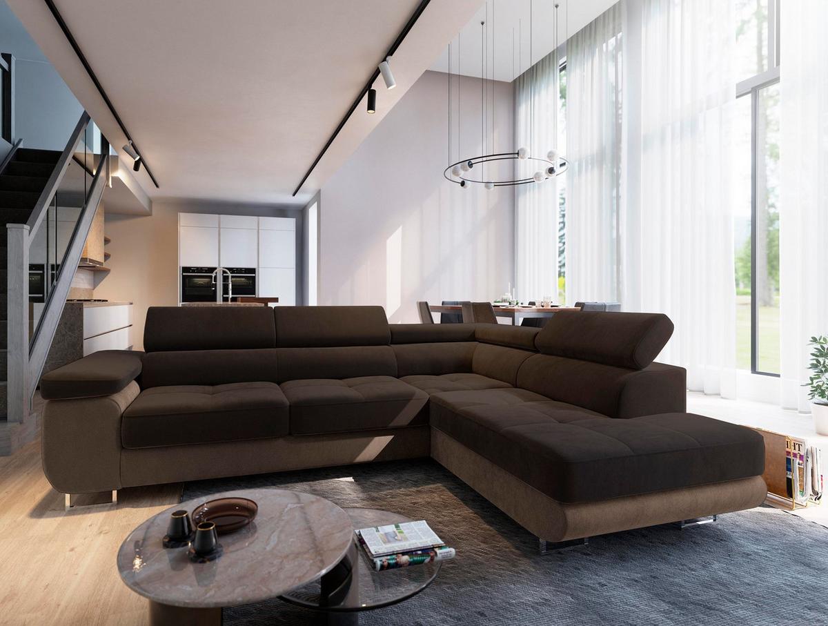 ECKSOFA SELVA R-S Braun Velours-Stoff mit Schlaffunktion - Silberfarben/Braun, Holz/Holzwerkstoff (275/202cm) - MASSENO