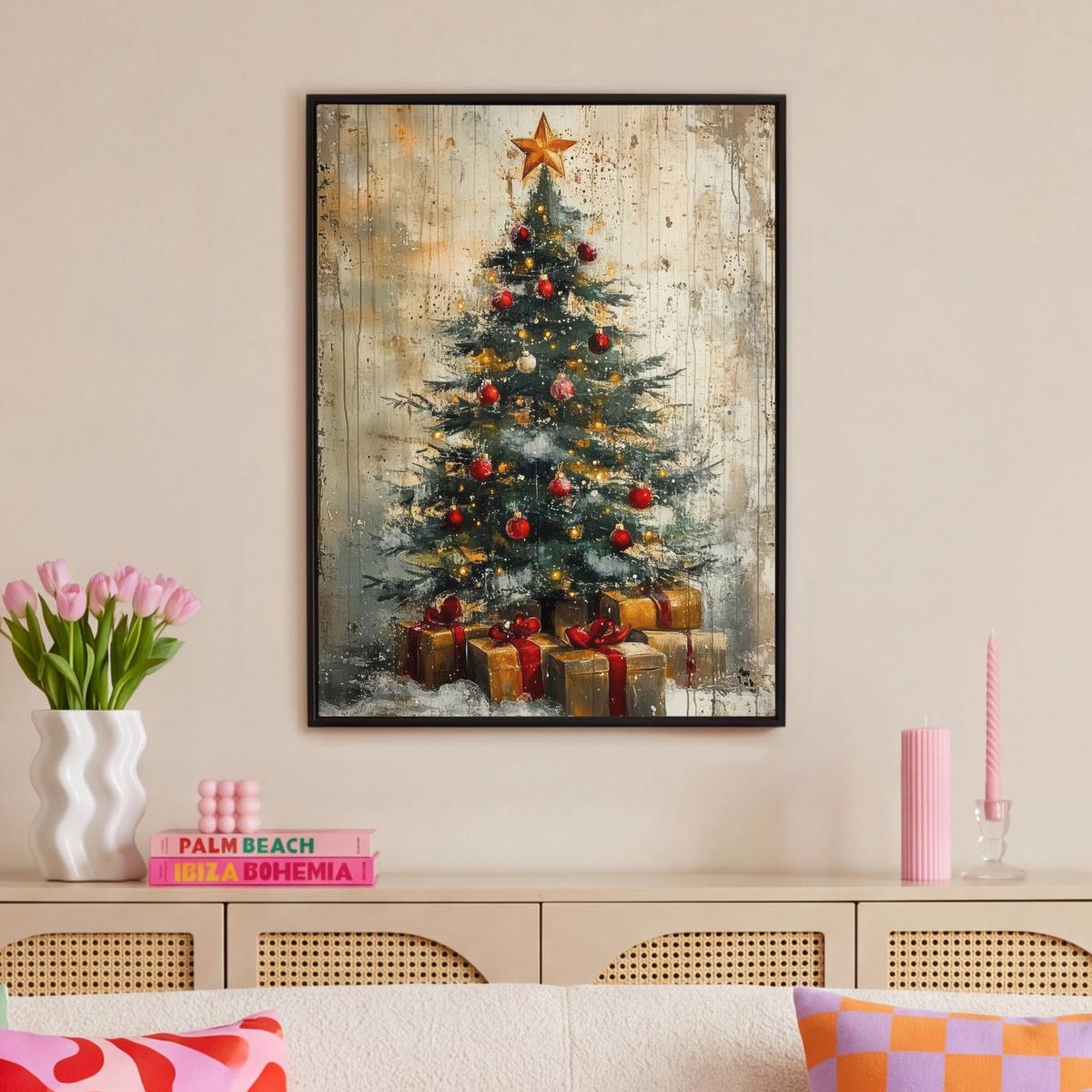 LEINWAND Bilder mit Rahmen - Weihnachtsbaum - Vintage - Weihnachten - Geschenk - 70x100 - Rostfarben, Textil (70/100cm) - MuchoWow
