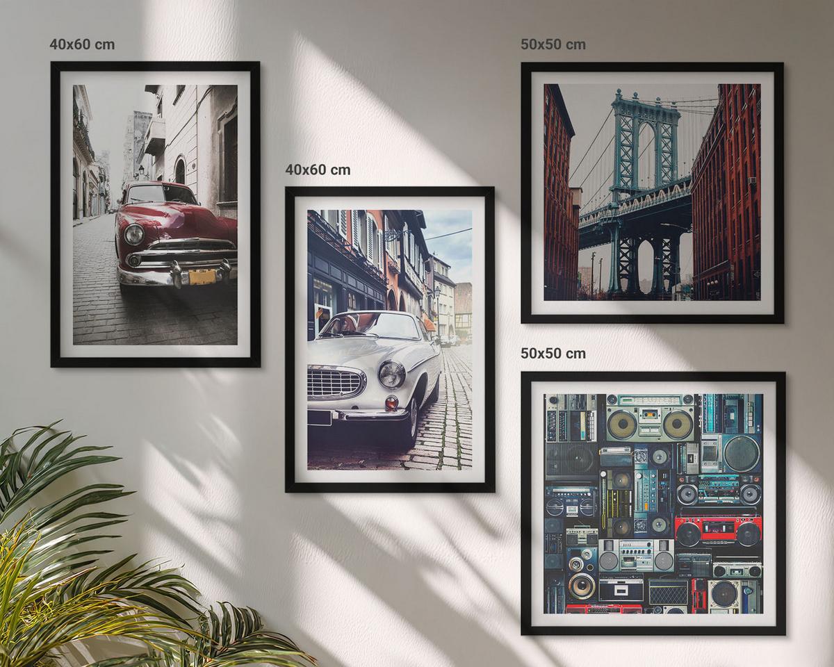BILDER SET 4er Set - 50x50 cm & 40x60 cm Schwarzer Rahmen - Old Cars Brooklyn Retro-Audio - Schwarz, Kunststoff (50/50cm) - TULUP