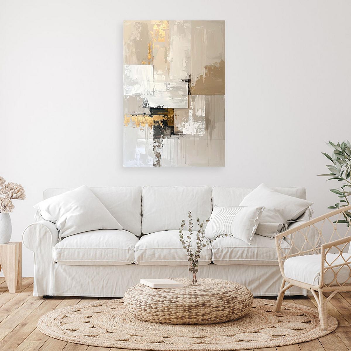 BILD auf Leinwand, Helle Abstraktion in Beige mit schwarzen und goldenen Akzenten - Weiß, Textil (70/100cm) - Feeby