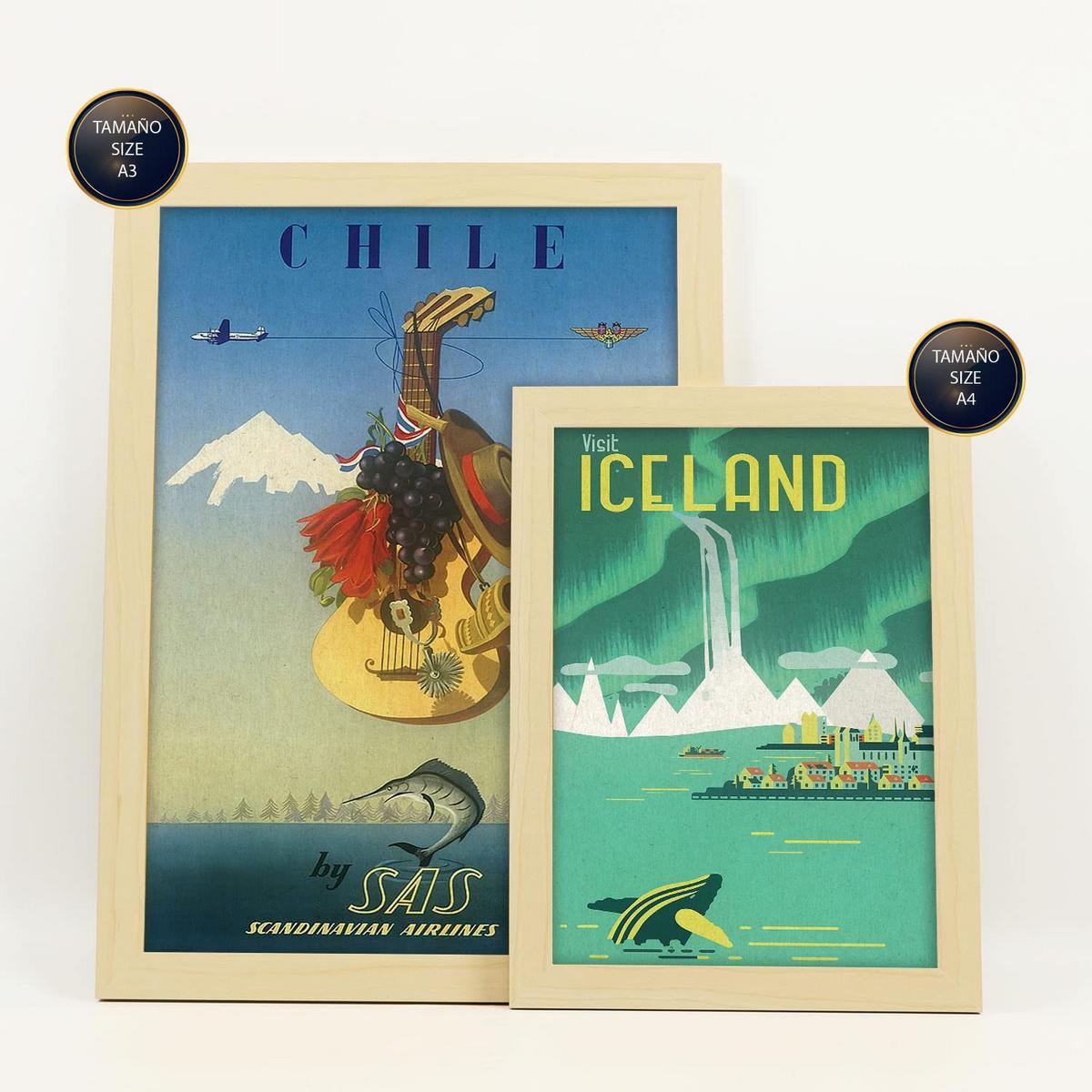 POSTER Set Mit 6 Land Und Städte Vollfarbige Illustrationen Von Vintage Tourismus Werbetafeln Aus Der Ganzen Welt A3 & A4 Rahmen Aus Hellem Holz - Beige, Papier (29/3cm) - Nacnic