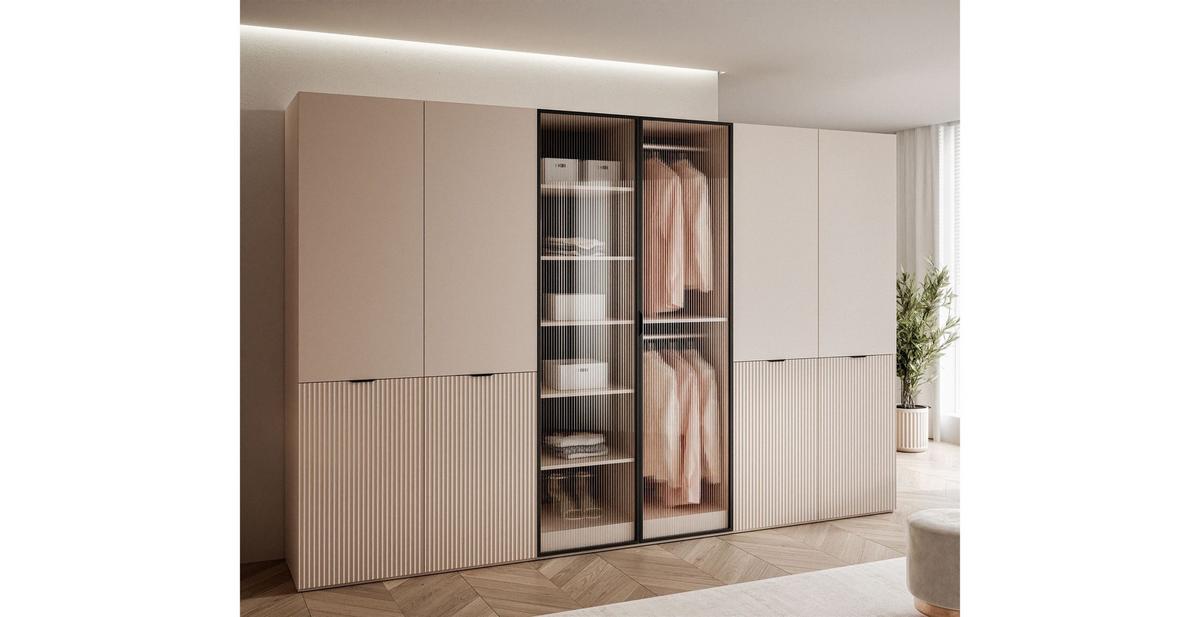 KLEIDERSCHRANK SANDBOX 300 303/49/200 cm Sandbeige / Sandbeige + geriffeltes Glas mit LED ohne Zusatzböden - Sandfarben/Transparent, Holzwerkstoff/Kunststoff (303/200/49cm) - Lookway
