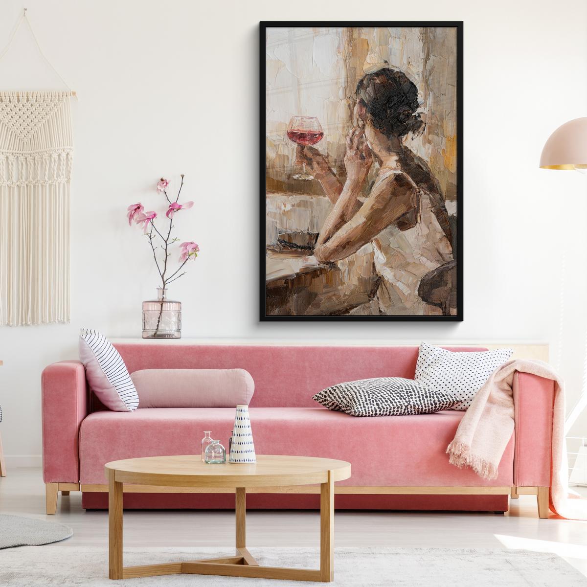 POSTER MIT RAHMEN Ölgemälde - Frau - Wein Bilderleiste 80x120 cm - Hellbraun, Papier (80/120cm) - MuchoWow
