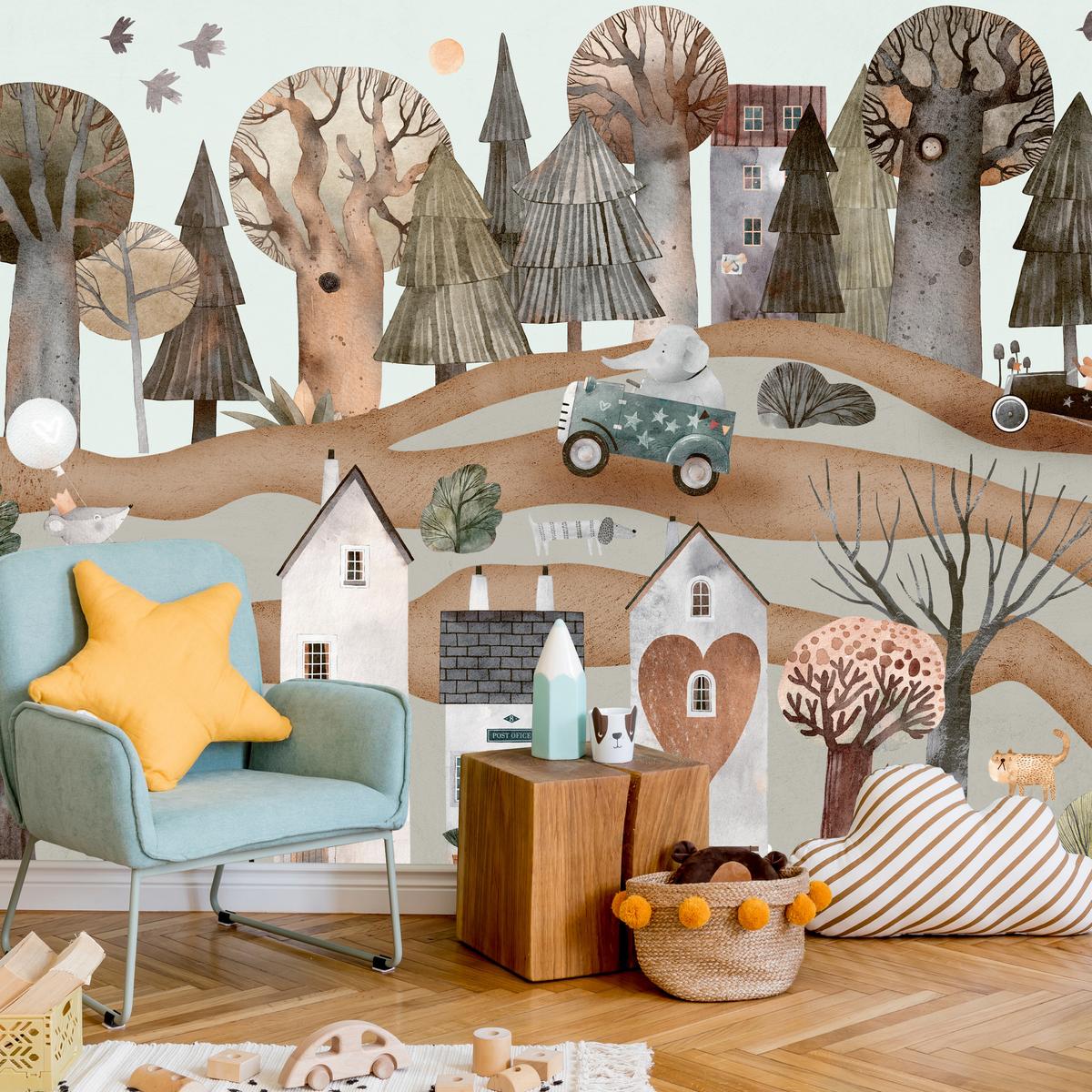 FOTOTAPETE für Kinderzimmer Fantastische Stadt Häuser Wald Tiere Autos 300x210 - Beige/Braun, Papier (300/210cm) - Muralo