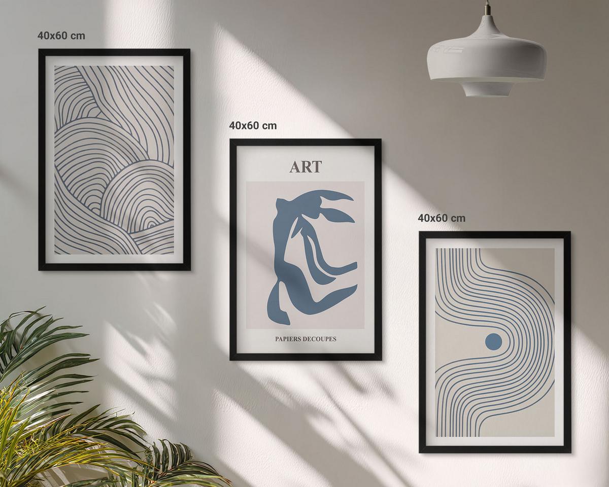 BILDER SET 3er Set - 40x60 cm Schwarzer Rahmen - Abstrakte blaue Linien - Schwarz, Kunststoff (40/60cm) - TULUP