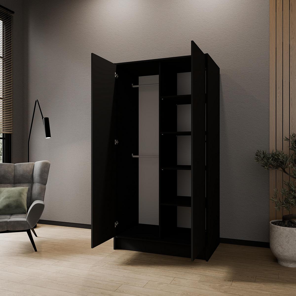 DREHTÜRENSCHRANK VELAR 102/200/51 cm Modern Kleiderschrank 2-türig Schwarz - Schwarz, Holzwerkstoff (102/200/51cm) - MASSENO