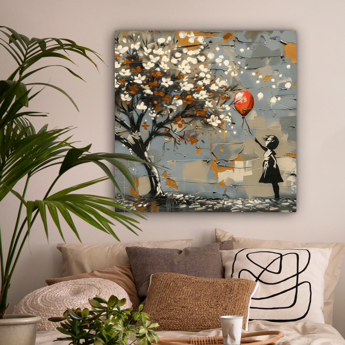 LEINWANDBILD Baum - Graffiti - Banksy-Stil - Ballon-Mädchen Deko Groß 90x90 cm - Blaugrau, Textil (90/90cm) - MuchoWow
