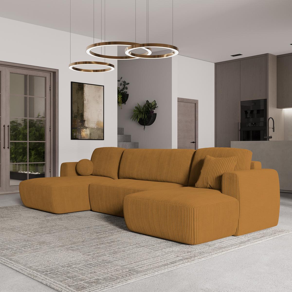 WOHNLANDSCHAFT SENTUM P Gelb Kordstoff mit Schlaffunktion - Gelb/Schwarz, Holz/Kunststoff (330/90/148cm) - MASSENO