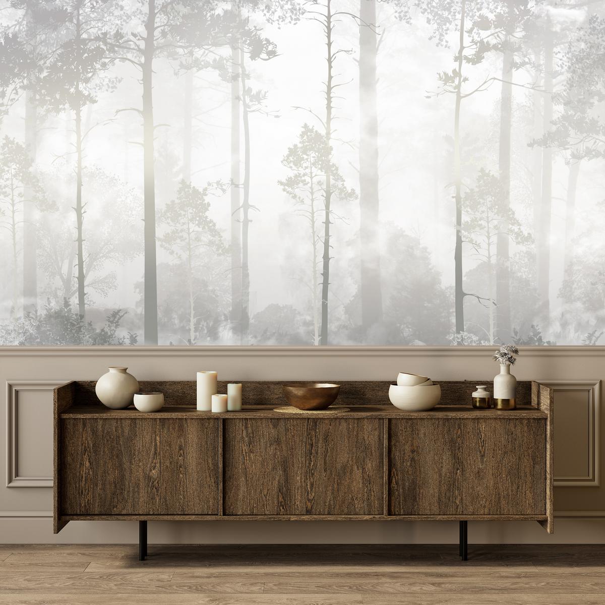 FOTOTAPETE für Schlafzimmer Nebliger Wald Bäume Sträucher Mystik 200x140 - Beige/Weiß, Papier (200/140cm) - Muralo