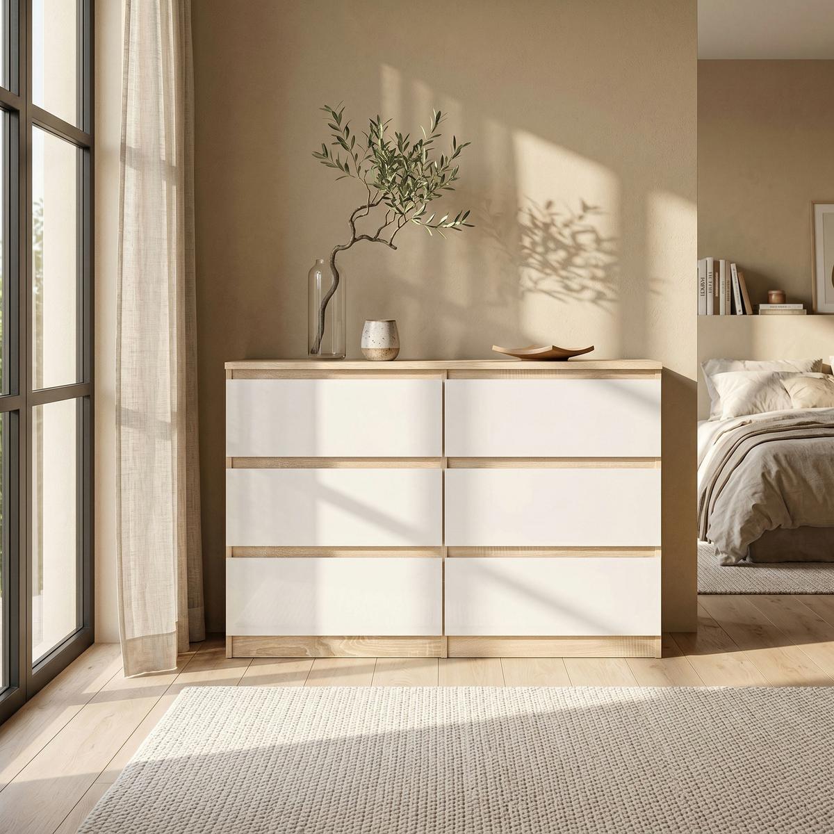 KOMMODE NUDO 120/78,5/39cm mit 6 Schubladen Türen Sonoma Eiche - Weiß/Sonoma Eiche, Holzwerkstoff (120/78.5/39cm) - MASSENO