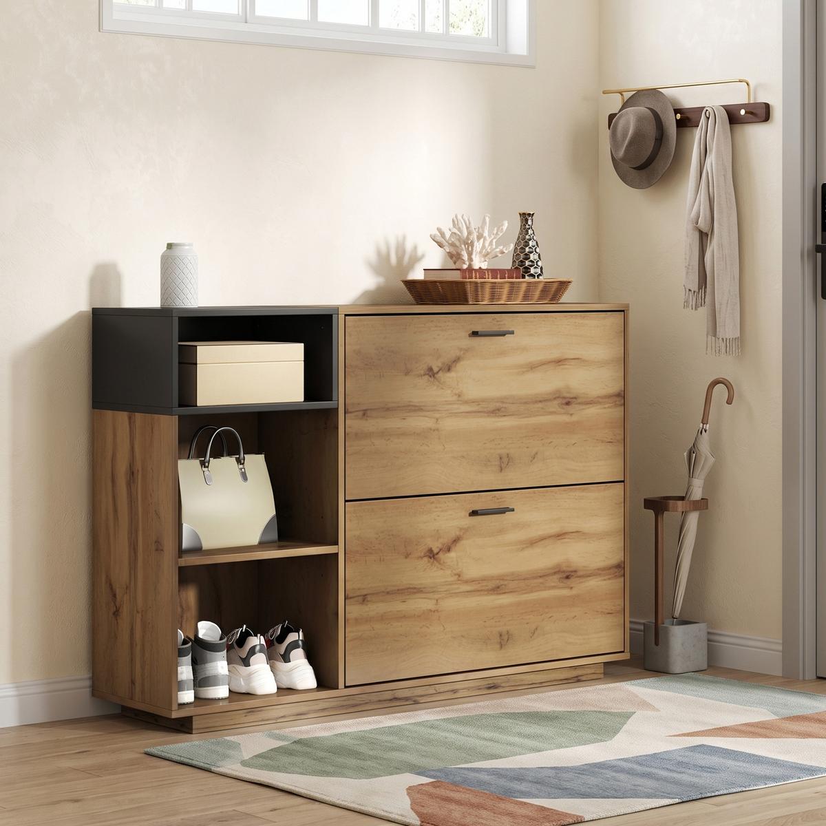 SCHUHESCHRANK mit 3 offene Fächer & 2 Klappfächer Natur+Schwarz - Naturfarben, Holzwerkstoff (120/84.5/32cm) - Urban Meuble