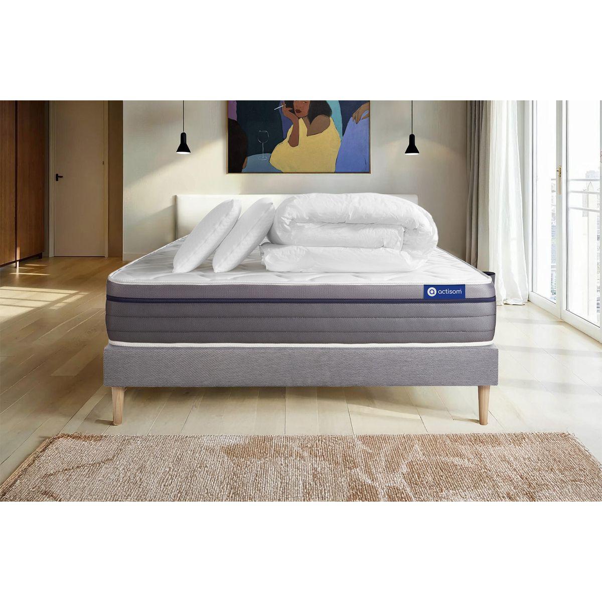 BETT Actimemo zen Memory-Schaum 140 x 200 cm h1 - Kit Bettgestell Grau - Mit Kissen und Bettdecke - Beige/Grau, Karton/Holz (140/200cm) - ACTISOM
