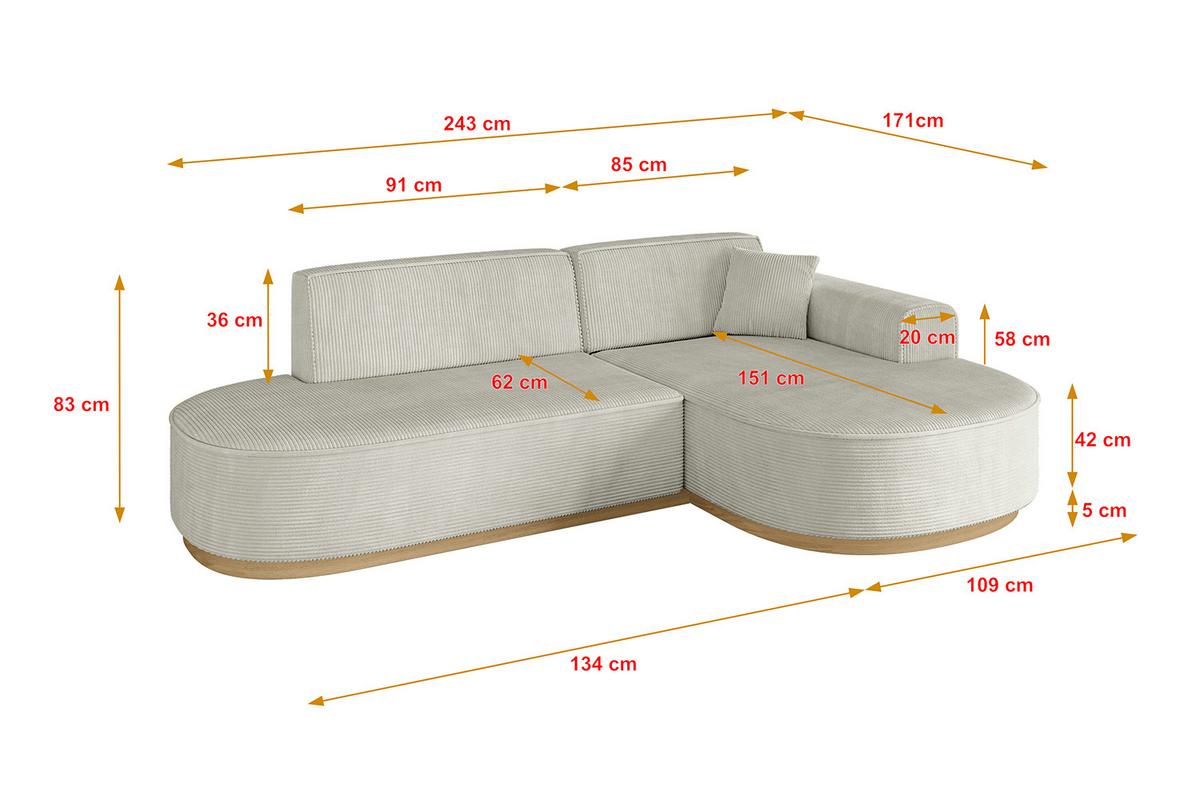 ECKSOFA Ottomane Rechts MARI-L1-v2 - 243x171x83 cm Creme Cord - Hellgrau/Creme, Holzwerkstoff/Textil (171/243cm) - ALTDECOR