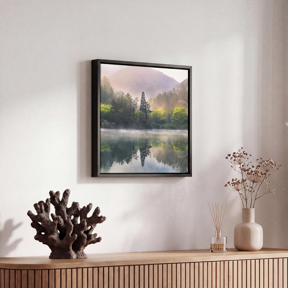 LEINWAND Bilder mit Rahmen - Natur - Bäume - Berge - See - Wasser - 20x20 - Hellgrün, Textil (20/20cm) - MuchoWow