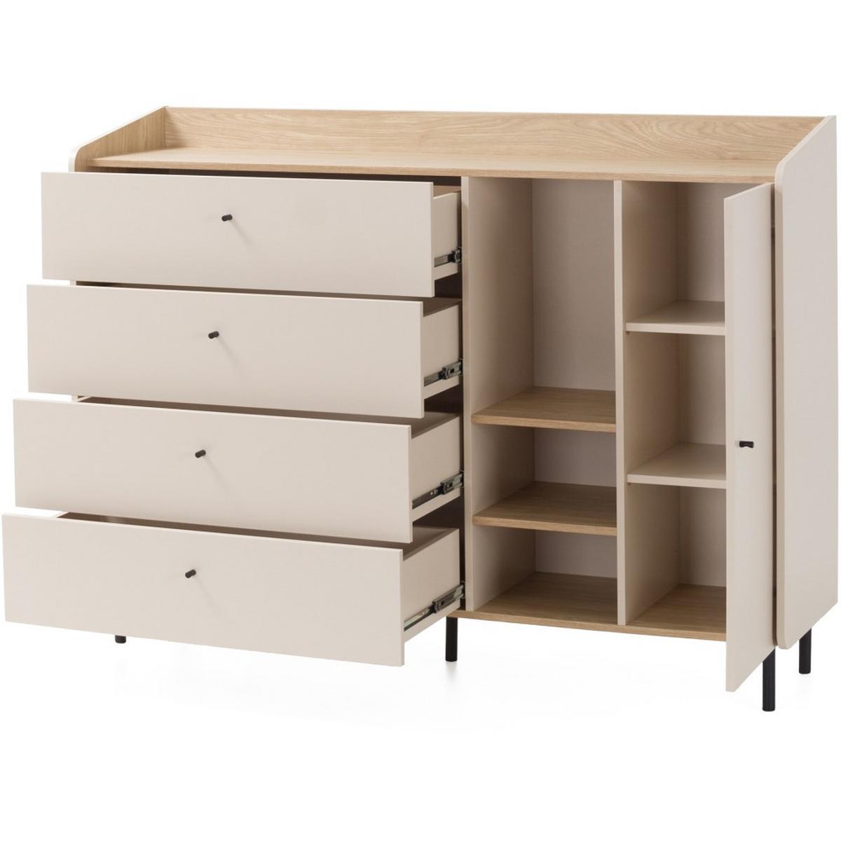 KOMMODE Alex mit 1 Tür und 4 Schubladen, Beige Sand - Beige/Schwarz, Holzwerkstoff (155/115/42cm) - Beautysofa
