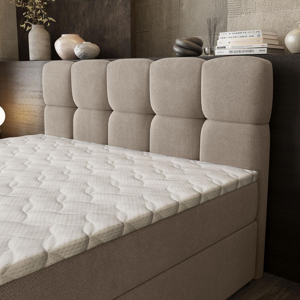 BOXBETT BRUME 200x200 cm mit Matratze und Topper, H2+H3 - Beige - Beige, Holz (200/200cm) - MASSENO