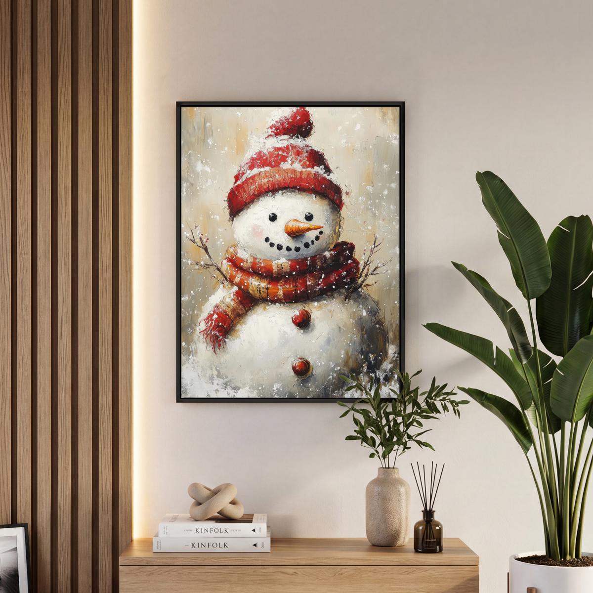 LEINWAND Bilder mit Rahmen - Schneemann - Winter - Schnee - Beige - 60x80 - Weiß, Textil (60/80cm) - MuchoWow