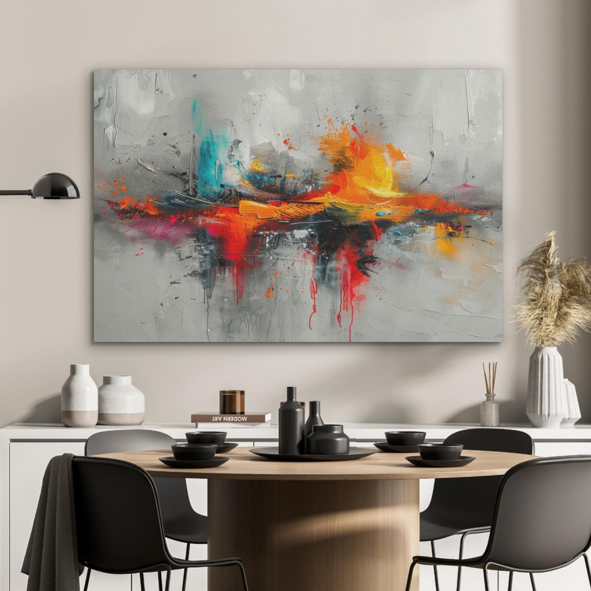 AKUSTIKBILD Moderne Kunst - Orange - Grau - Abstrakt Wandbild Wohnzimmer 100x70 cm - Hellgrau, Kunststoff (100/70/0.9cm) - MuchoWow