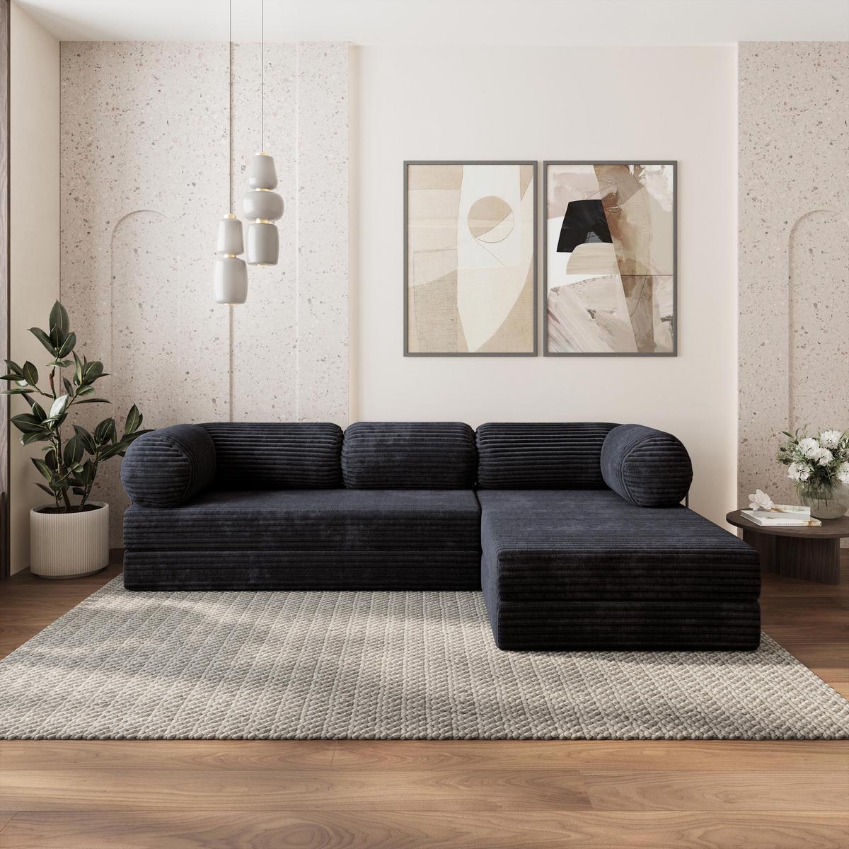 ECKSOFA ETERA modulares Boneless Sofa mit Schlaffunktion Schwarz Kordstoff - Schwarz, Textil (270/160cm) - MASSENO