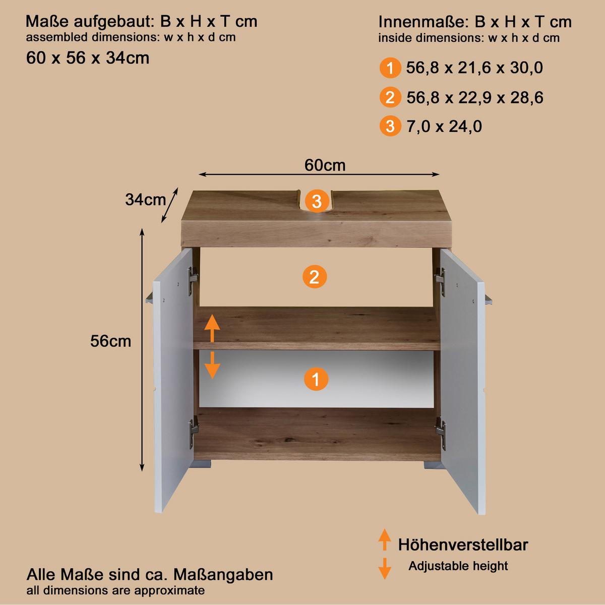 WASCHBECKENUNTERSCHRANK weiß Hochglanz, Eiche Badschrank 60 x 56 cm - Eichefarben/Weiß, Holzwerkstoff/Kunststoff (60/56/34cm) - Top.Furn