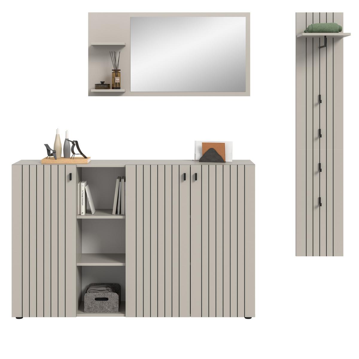 GARDEROBEN-SET 3-teilig Kaschmir 196 cm, Garderobenkombination mit Rillen-Optik - Kaschmir/Schwarz, Glas/Holzwerkstoff (196/192/37cm) - Inn.Furn