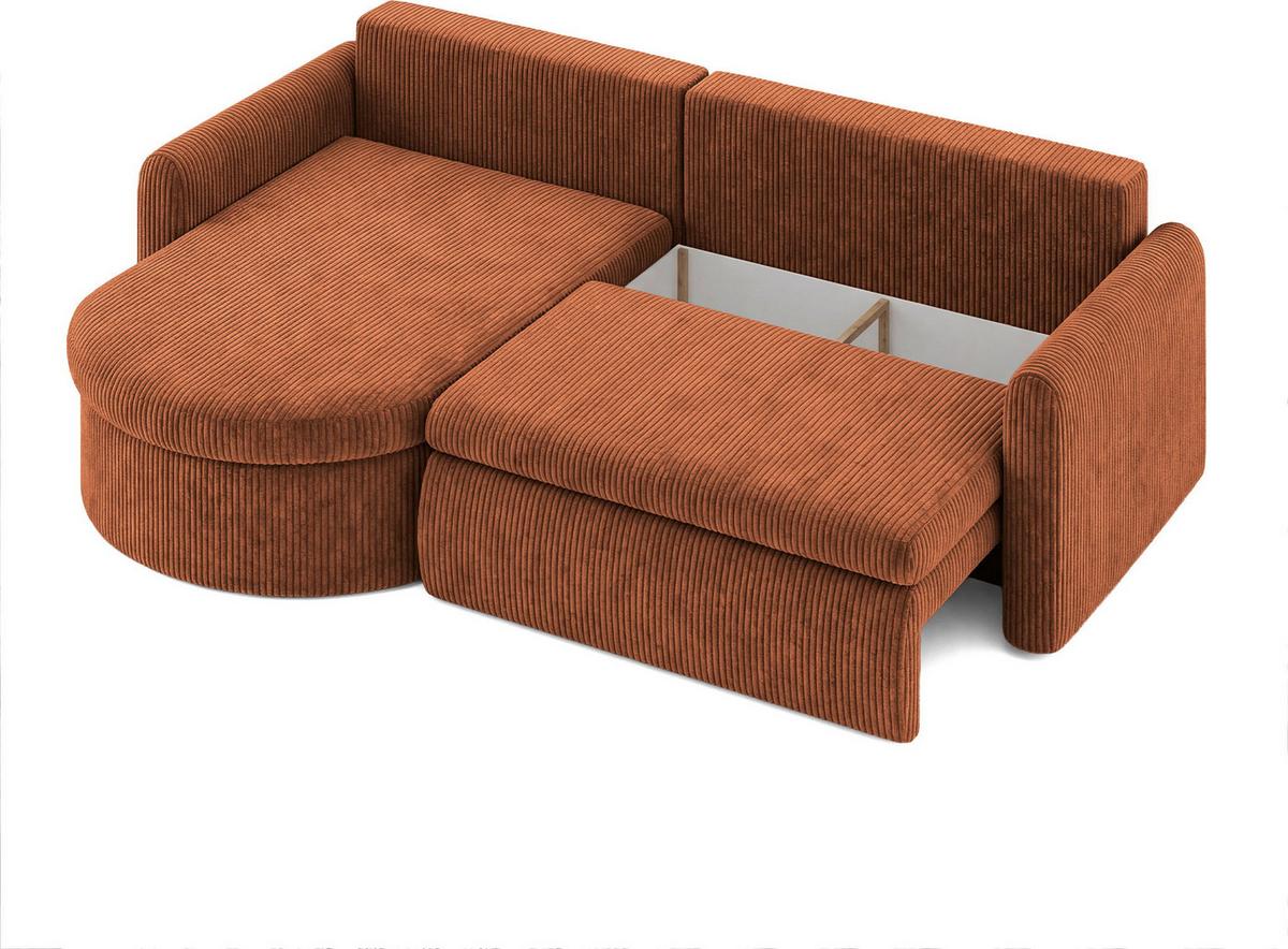 ECKSOFA Cora mit Schlaffunktion & Stauraum, Universell Rechts/Links, Orange Kupfer Cord Chenille 250/82/160 cm - Schwarz/Orange, Kunststoff/Textil (250/160cm) - WFL GROUP