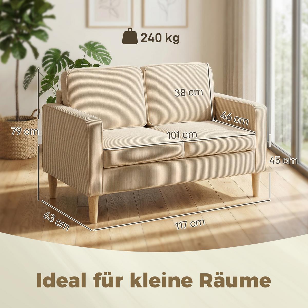 2-SITZER-SOFA Polyester Beige - Beige/Naturfarben, Holz/Textil (63/79/117cm) - HOMCOM