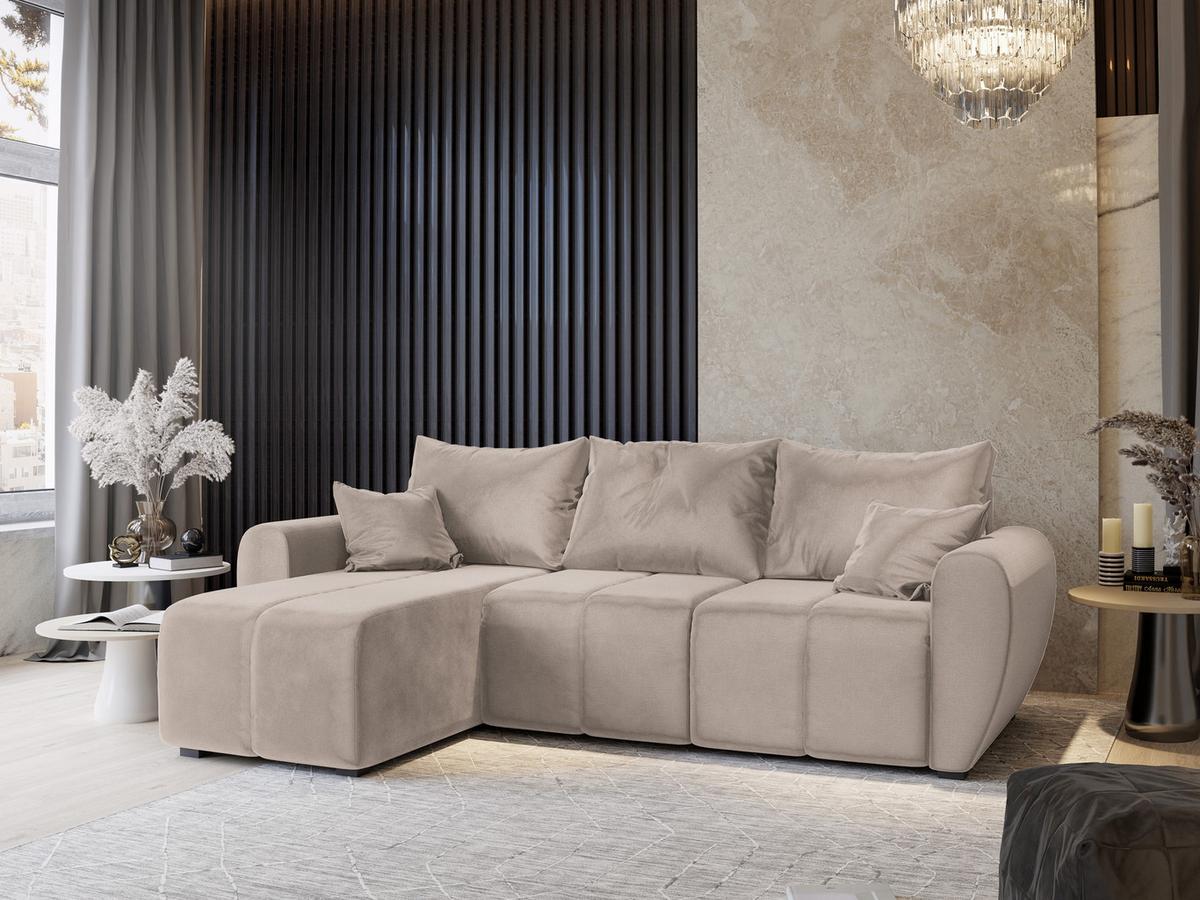ECKSOFA MADISON Beige Plüsch-Stoff mit Schlaffunktion - Beige/Schwarz, Holz/Kunststoff (246/143cm) - MASSENO