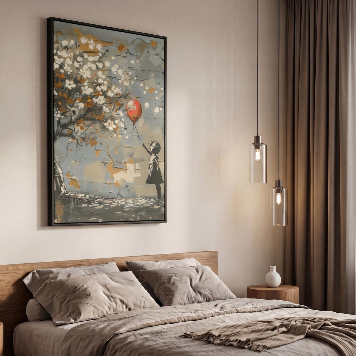 LEINWAND Bilder mit Rahmen - Baum - Graffiti - Banksy-Stil - Ballon-Mädchen - 60x90 - Blaugrau, Textil (60/90cm) - MuchoWow