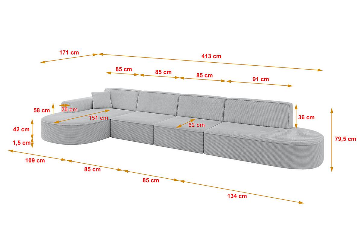 ECKSOFA Ottomane Links MARI-L3 - 413x171x79 cm Grau Cord - Schwarz/Grau, Holzwerkstoff/Kunststoff (165/406cm) - ALTDECOR