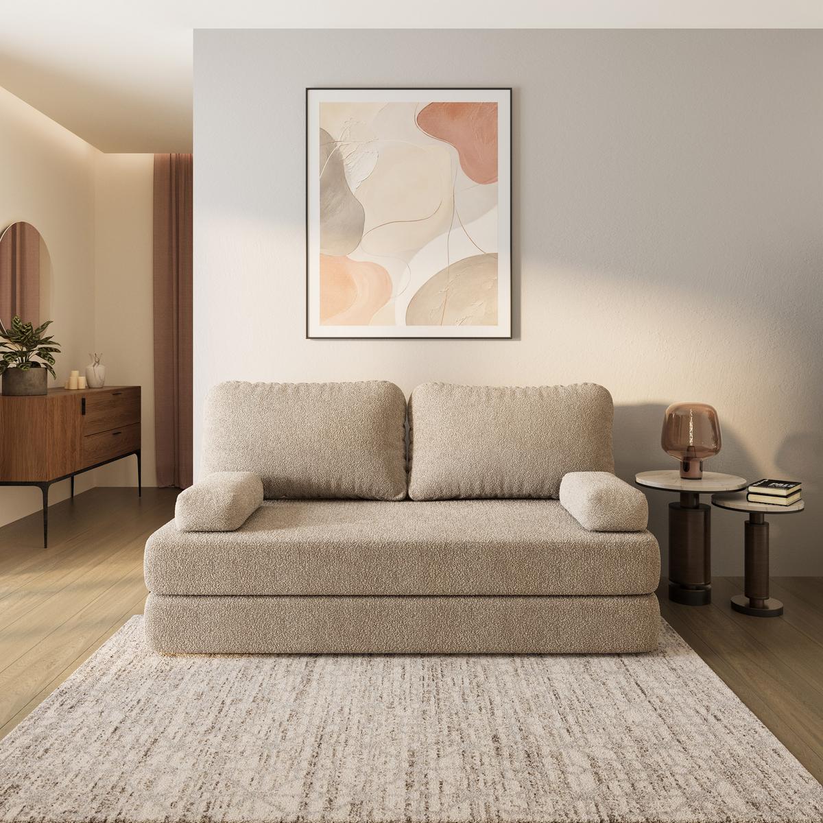 BETTSOFA NIKSI aus Schaumstoff Bucle-Stoff Beige Schlaffunktion - Beige, Textil (170/86/80cm) - MASSENO