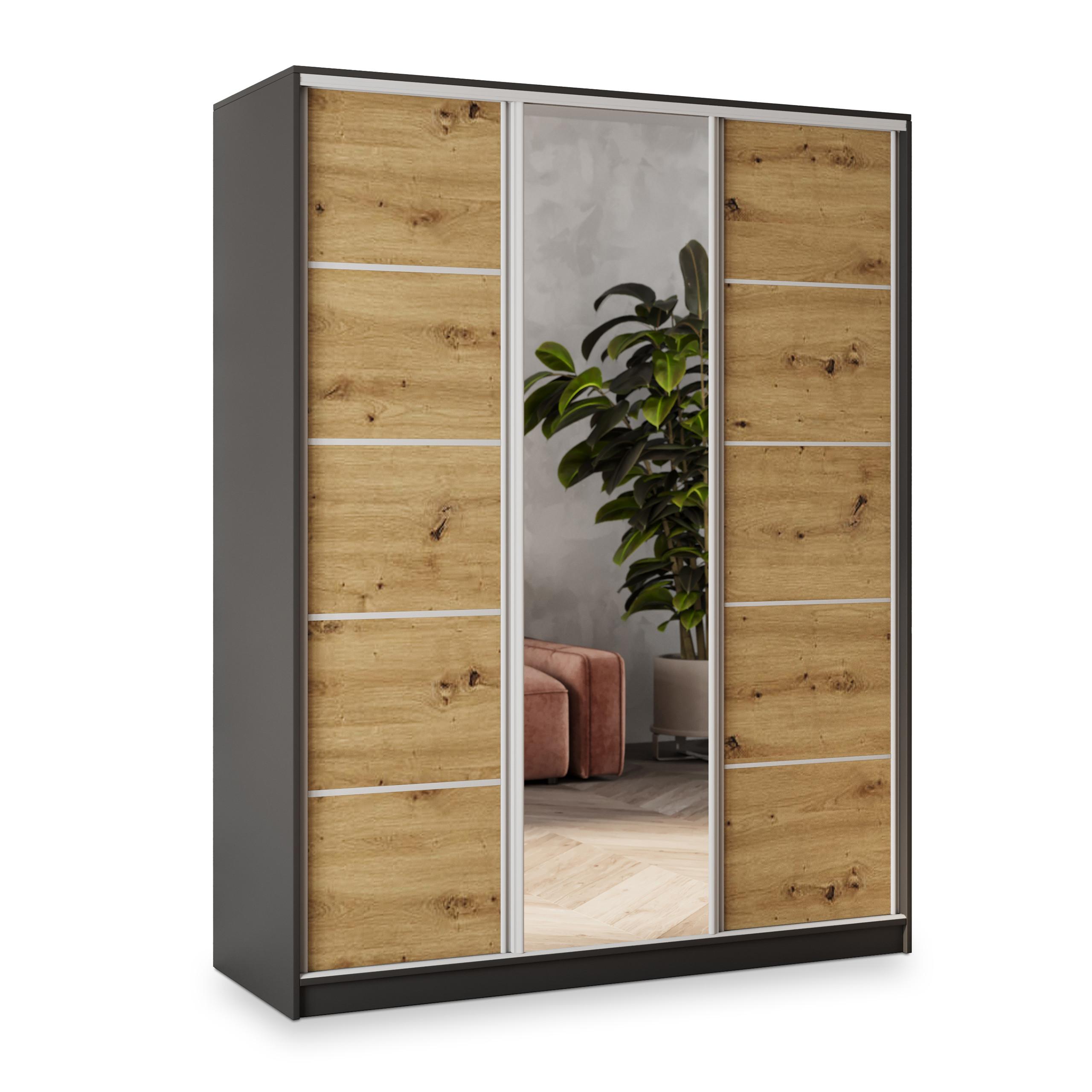 SCHWEBETÜRENSCHRANK NATA 150/205/58 cm 3-türig mit Spiegel und Schubladen Schwarz / Eiche Artisan - Silberfarben/Schwarz, Holzwerkstoff (150/205/58cm) - MASSENO