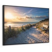 LEINWAND Bilder mit Rahmen - Sonnenuntergang - Strand - Düne - Gras - Ufer - 100x70 - Sandfarben, Textil (100/70cm) - MuchoWow