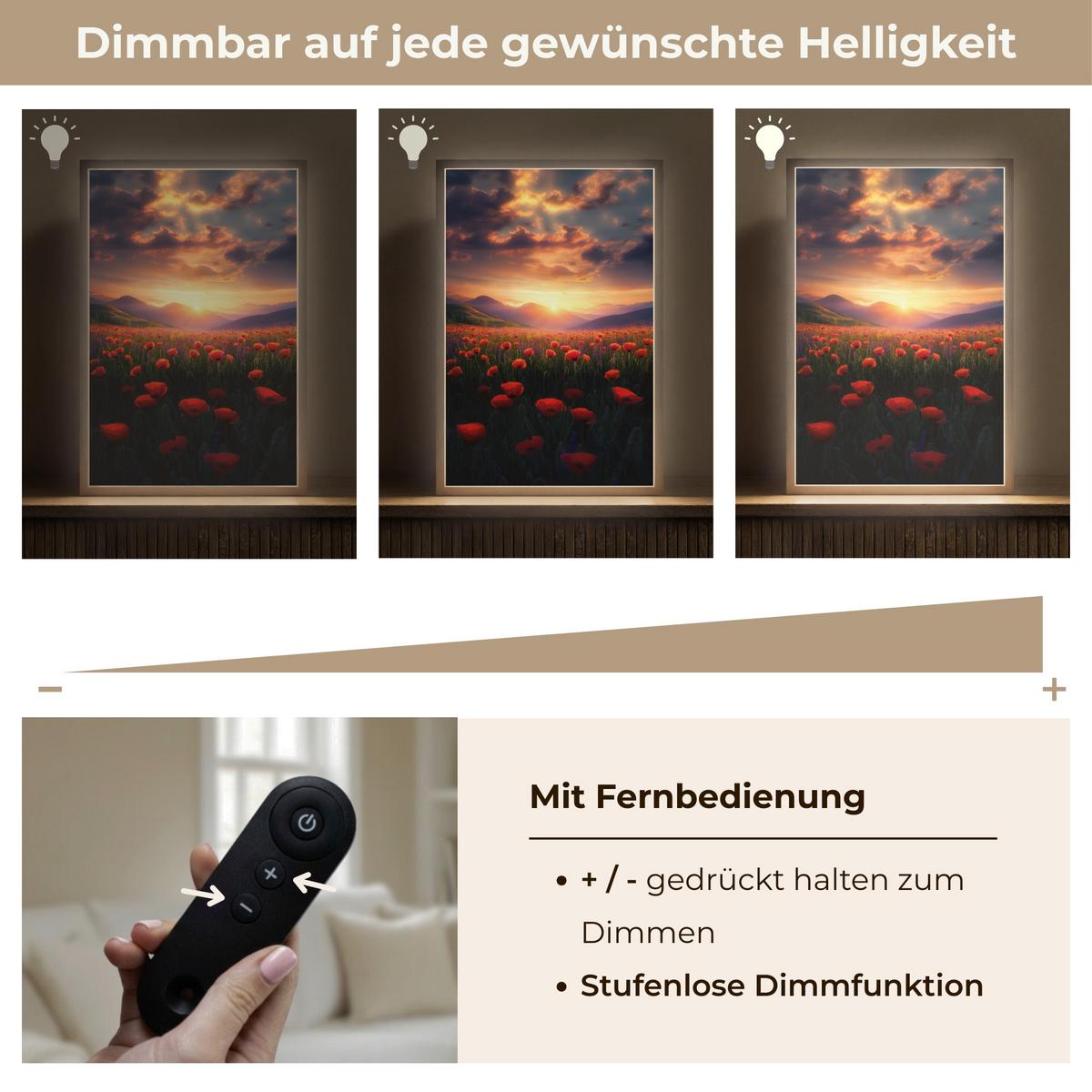 WANDLEUCHTE MIT AKKU Landschaft - Sonnenuntergang - Blumenfeld 40x60 cm - Rot, Holzwerkstoff (40/60/8cm) - OnlyWow