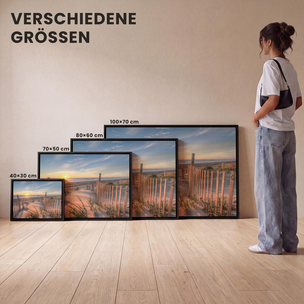 LEINWAND Bilder mit Rahmen - Strand - Meer - Düne - Sonnenuntergang - Landschaft - 80x60 - Beige, Textil (80/60cm) - MuchoWow