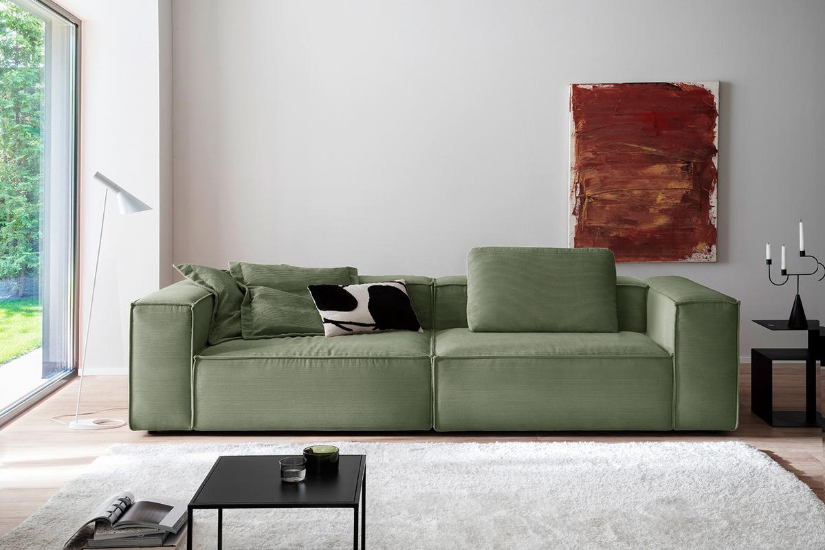 SOFA CARMO Grün Cord - Schwarz/Olivgrün, Kunststoff/Textil (306/68/118cm) - KAWOLA
