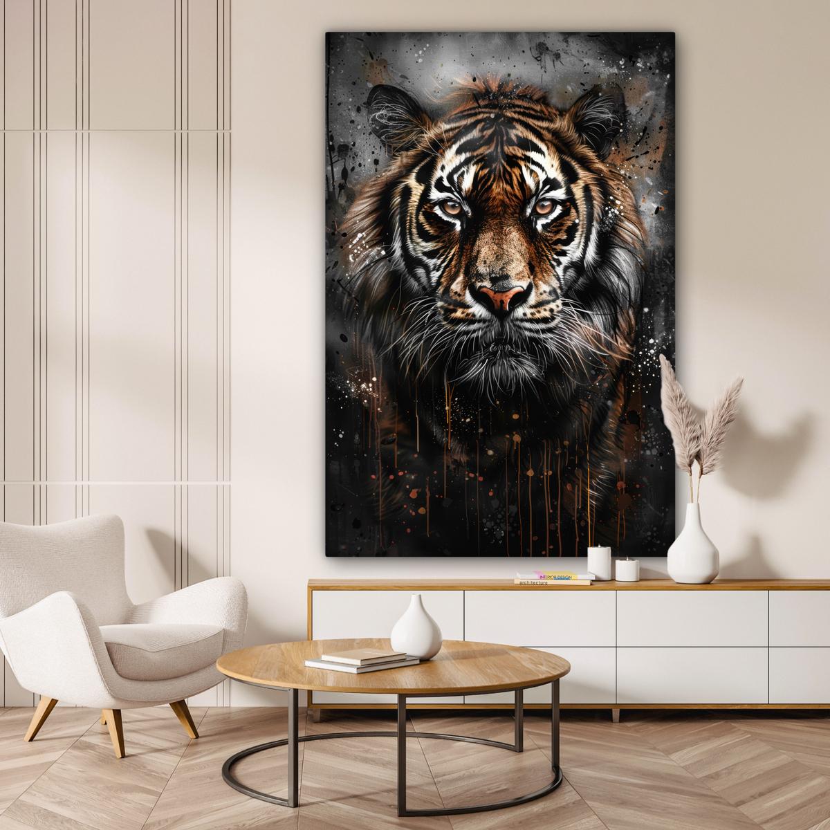 LEINWANDBILD Tiger - Tiere - Porträt - Luxus - Schwarz Deko Groß 90x140 cm - Anthrazit, Textil (90/140cm) - MuchoWow