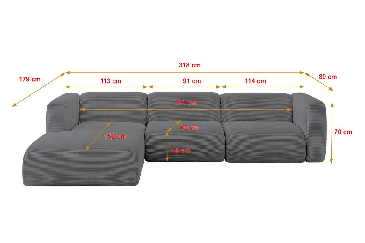 ECKSOFA Ottomane Links MIRA-L2 318x179x89 Dunkelgrau Cord - Dunkelgrau/Graphitfarben, Holzwerkstoff/Kunststoff (318/179cm) - ALTDECOR