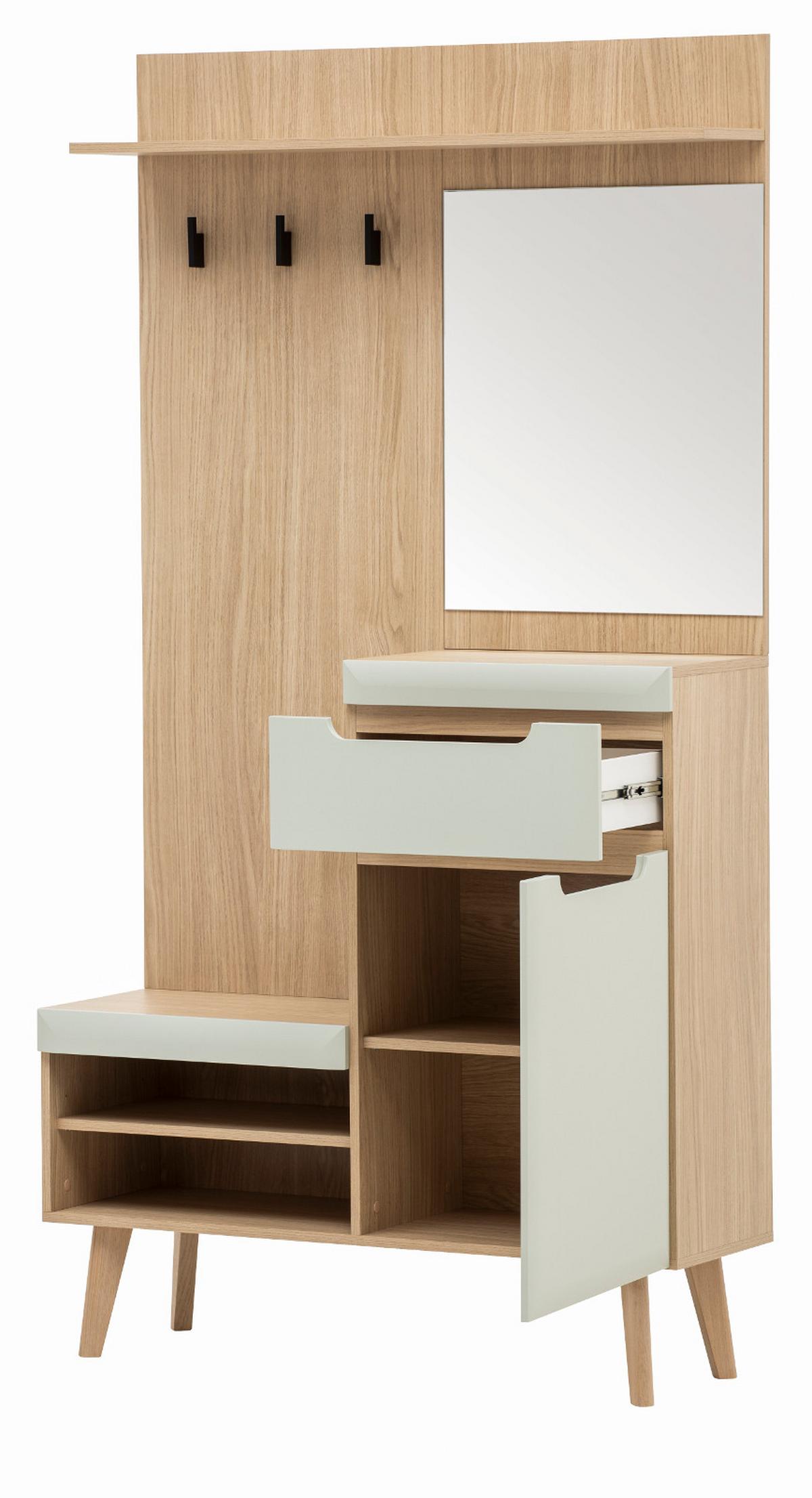 GARDEROBEN-SET 3-teilig Pistazie matt, Scandi Eiche, Garderobenkombination skandinavisch 227 x 197 cm - Eichefarben/Pastellgrün, Glas/Holz (237/200/40cm) - Furn.Design