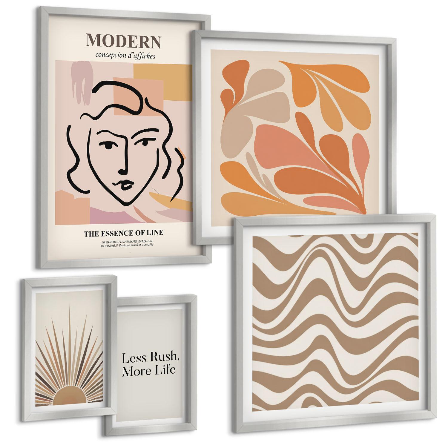 BILDER SET 5er Set - 50x50 cm & 20x30 cm & 40x60 cm Silberner Rahmen - Sonnen-Boho-Pastelltönen - Silberfarben, Kunststoff (40/60cm) - TULUP