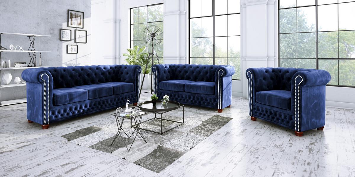 CHESTERFIELD-SOFA 2-sitzer Lauren Marineblau Samt - Dunkelblau/Braun, Holz/Textil (148/72/86cm) - S-Style Möbel