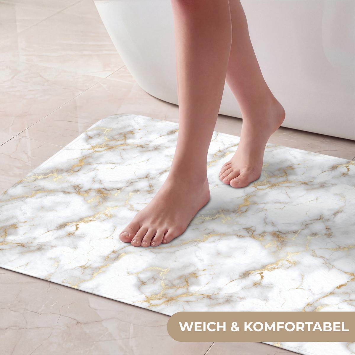 BADEMATTE Goldene Adern - Marmor - Weiß 80x50 cm - Weiß, Textil (80/50cm) - OnlyWow
