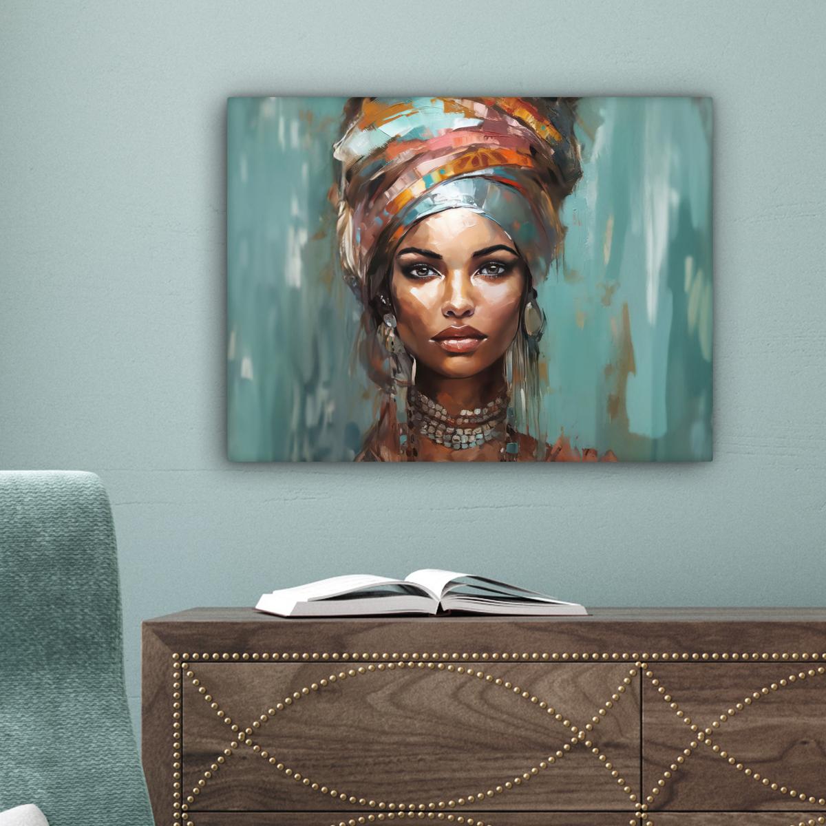 LEINWANDBILD Frau - Kunst - Schmuck - Porträt Wandbild 40x30 cm - Blaugrau, Textil (40/30cm) - MuchoWow