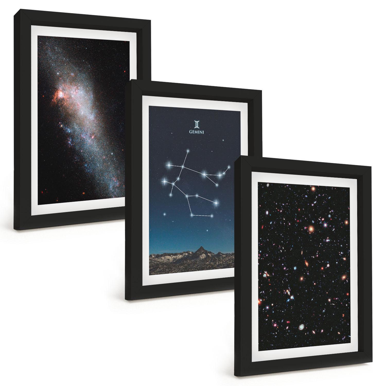 BILDER SET 3er Set - 20x30 cm Schwarzer Rahmen - Sternzeichen Zwillinge Galaxie - Schwarz, Kunststoff (20/30cm) - TULUP